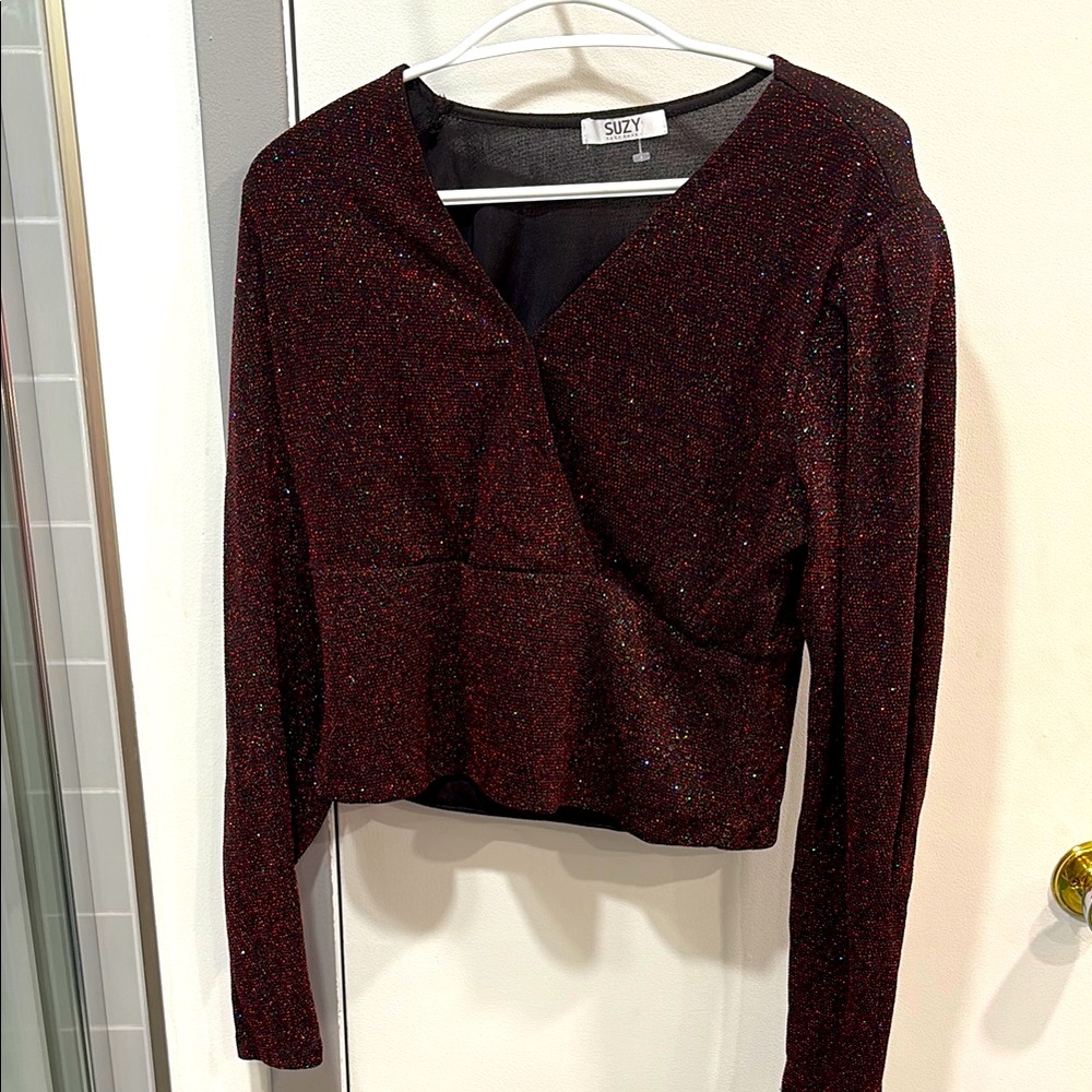 Suzy Shier Glittering Burgundy Blouse